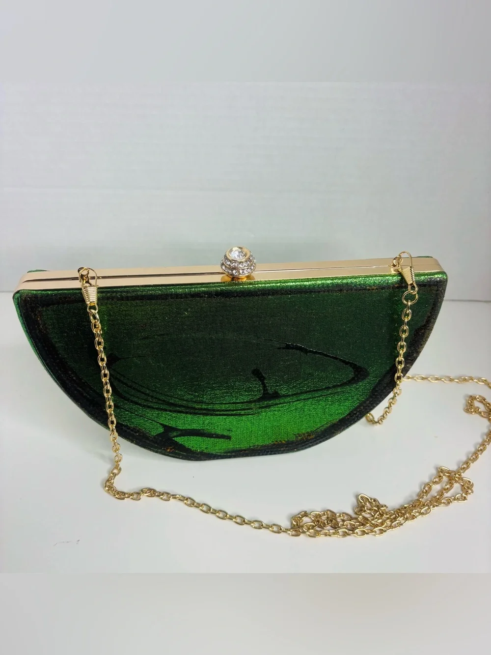 Green Velvet Half-Moon Clutch with Gold Chain